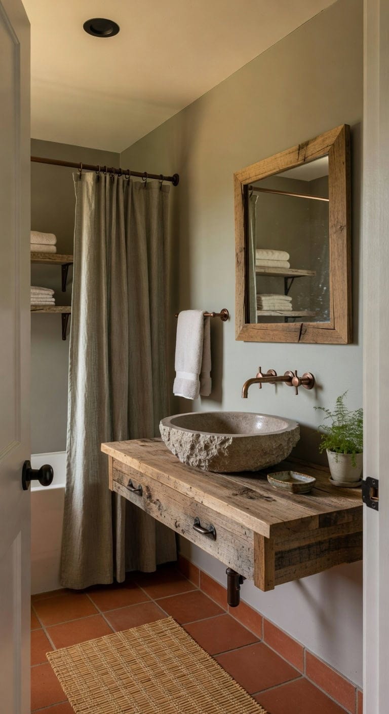 Organic Charm with Vintage Wood Vanity, Artisan Soap Holder, and Bamboo Rug