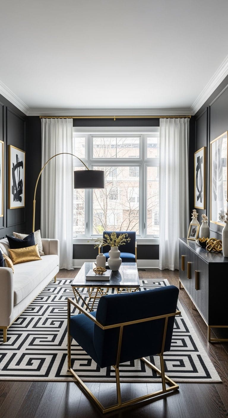 Chic Modern Minimalism: Deep Black Walls with Crisp White Trim and Luxe Gold Details