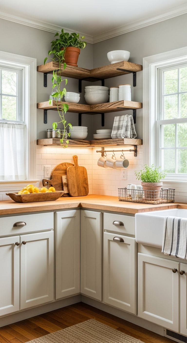 Charming Farmhouse Flair: Space-Savvy Corner Shelves That Refresh Your Kitchen Without Breaking the Bank