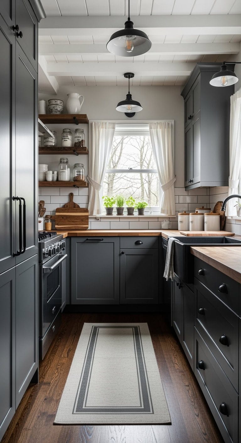 Chic Rustic Charm: Maximizing Compact Dark Kitchens with Slate Cabinets and Matte Black Accents