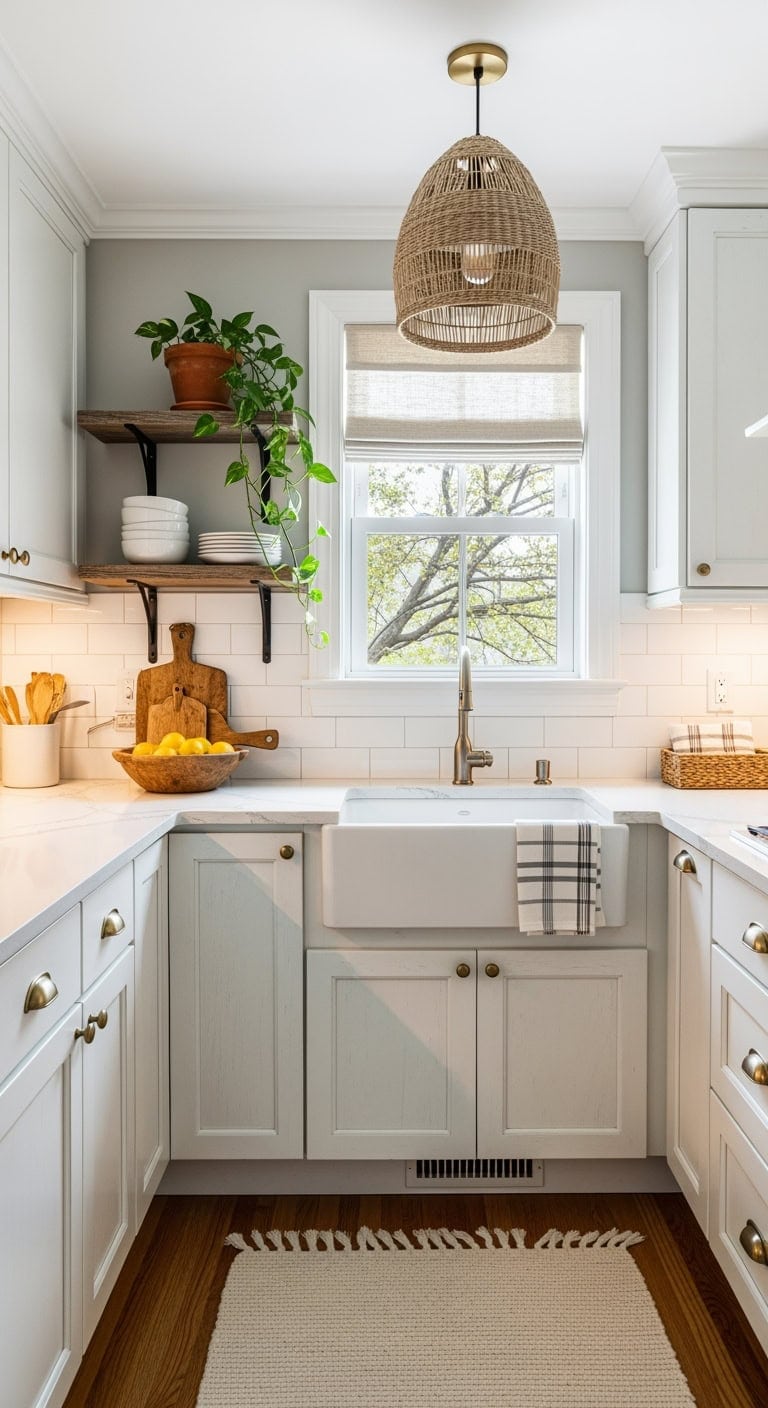 Chic Farmhouse Flair: Weathered White Cabinets That Open Up Compact Kitchens with Grace
