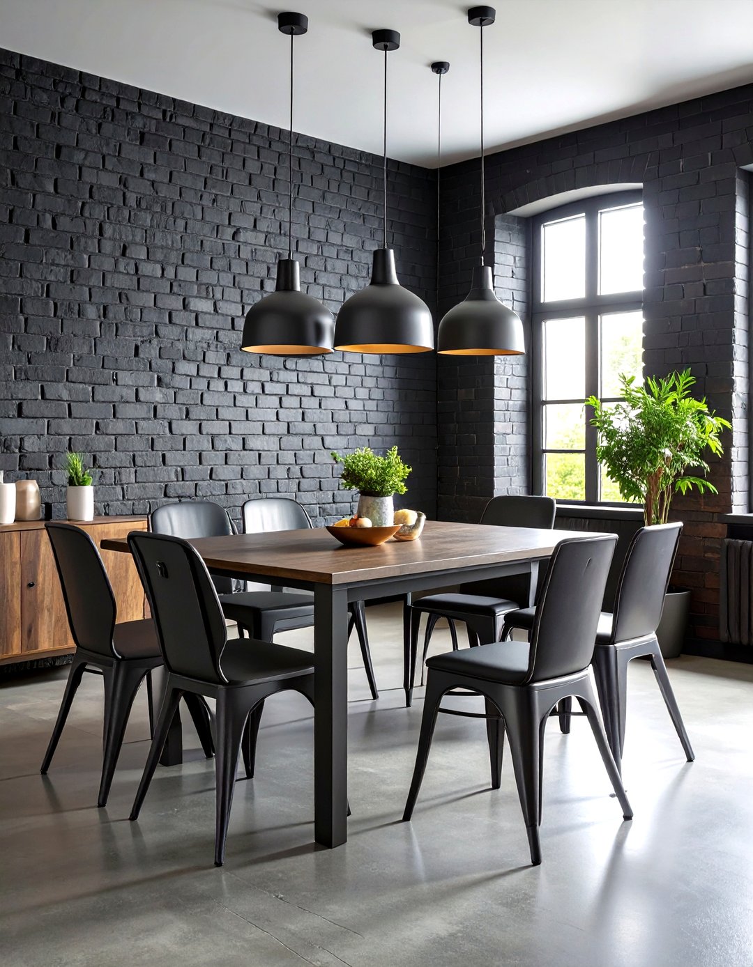 Dining Room Inspired by Industrial Style with a Striking Exposed Brick Accent Wall