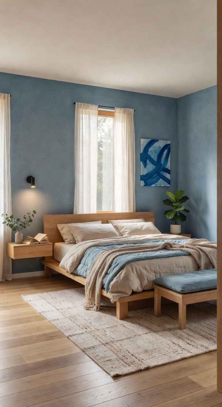 Contemporary Navy and Timber Sleeping Space Featuring Sleek Low-Profile Bed and Suspended Side Table