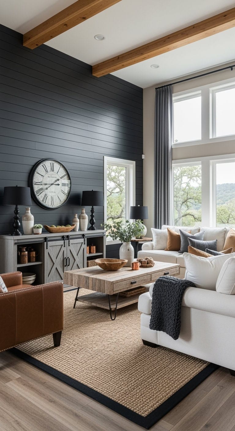 Modern Farmhouse Charm: Charcoal Shiplap Meets Cozy Wood Beams