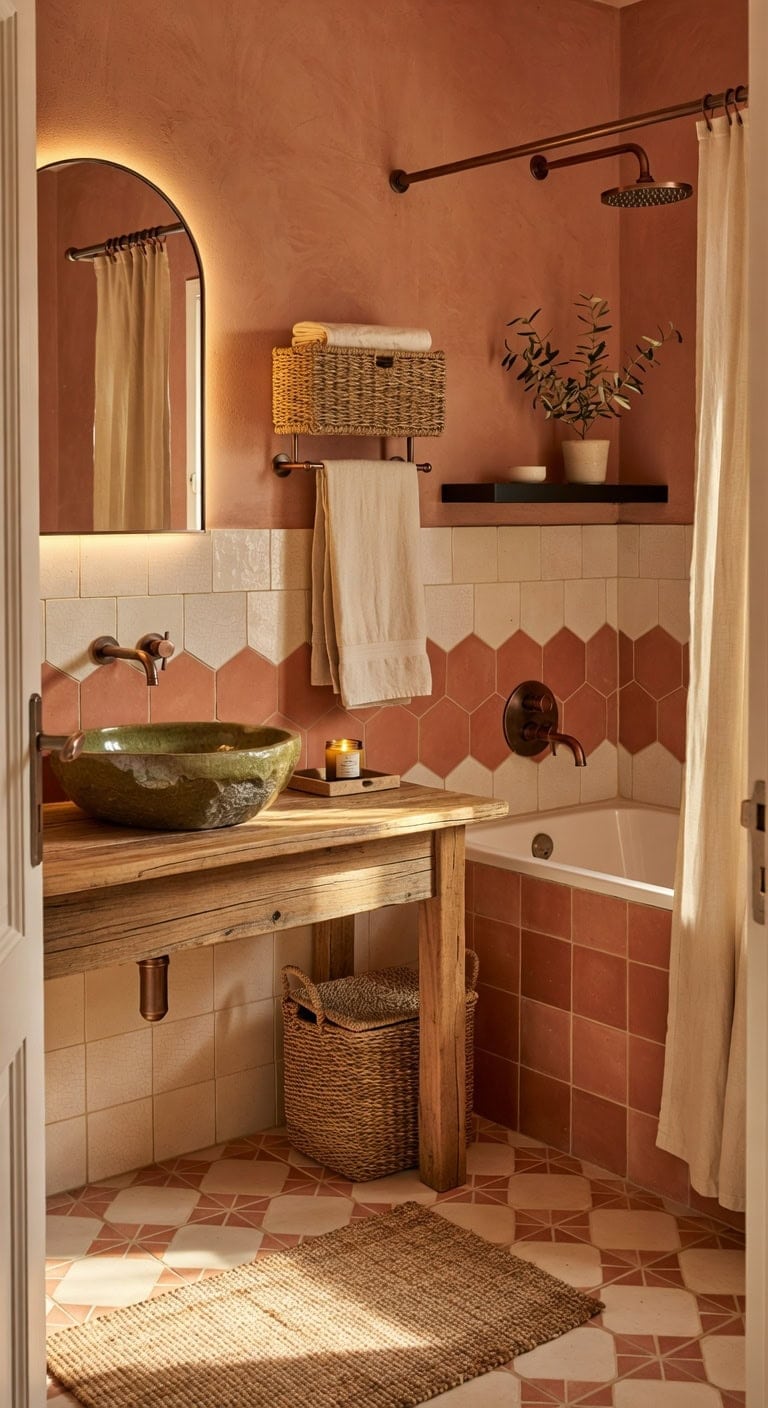 Sun-Drenched Mediterranean Charm with Terracotta Tiles, Olive-Scented Ambiance, and Rustic Woven Towel Holders