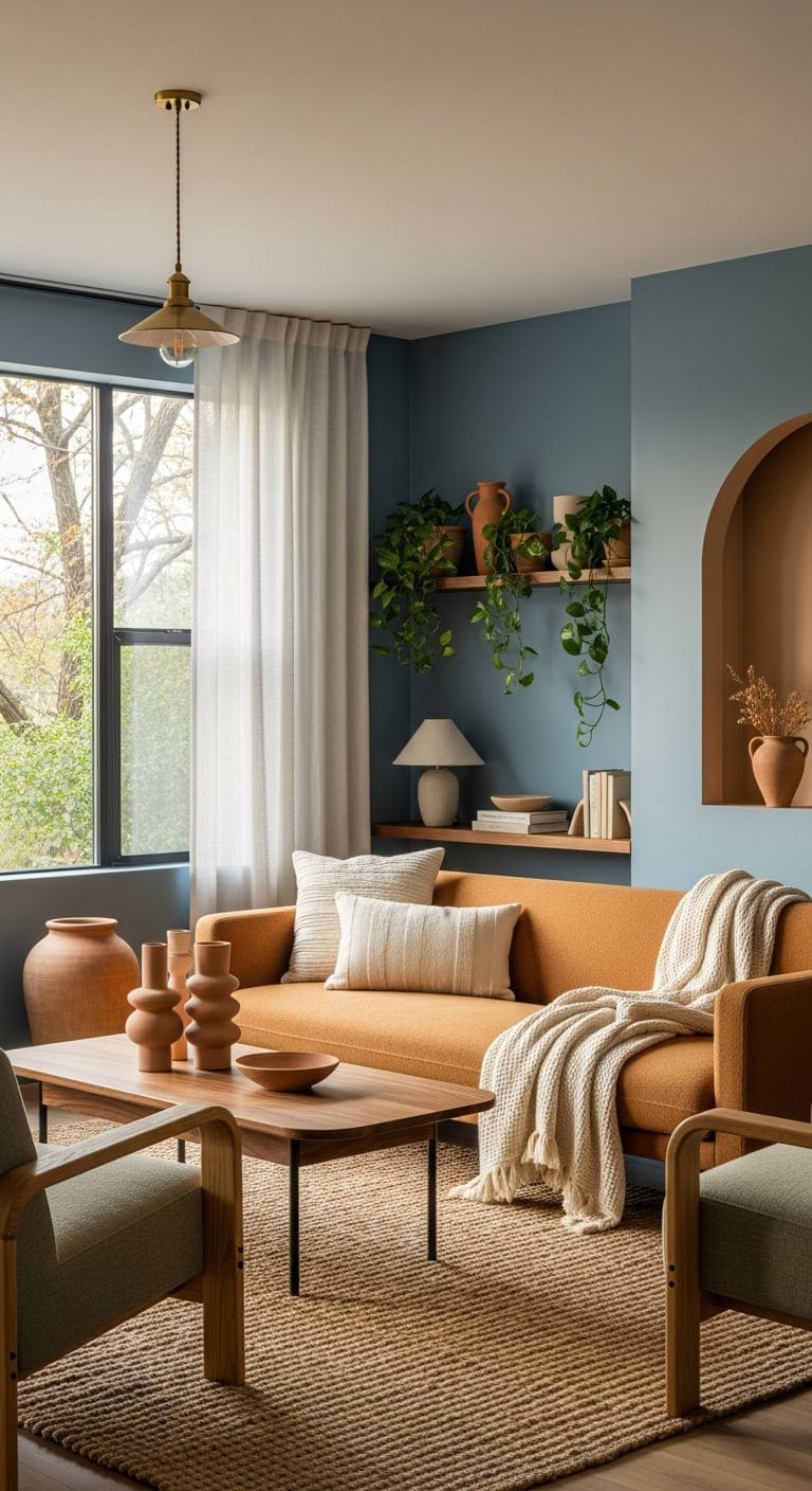 Serene Blue Backdrop Enhanced by Warm Terracotta Accents