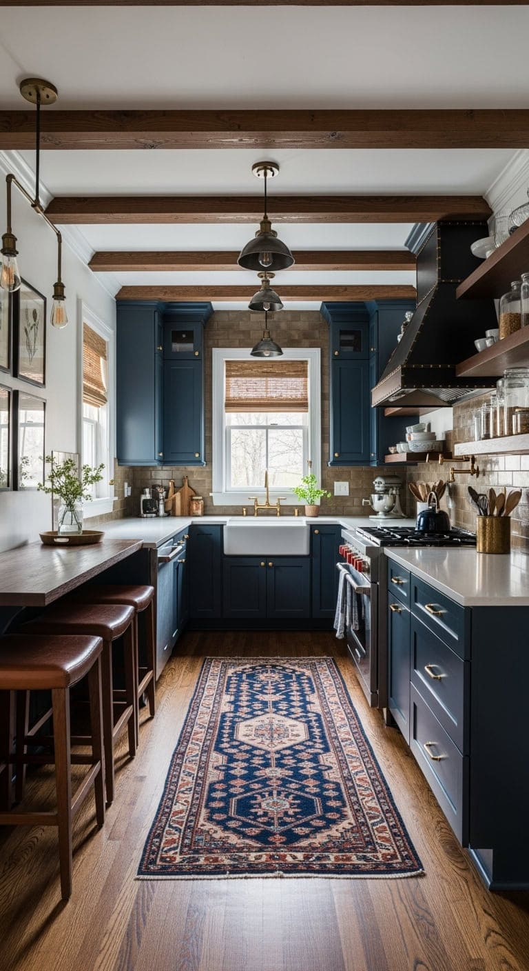 Refined Contrast: Elevating Cozy Dark Kitchens with Midnight Blue Islands and Rustic Wood Accents