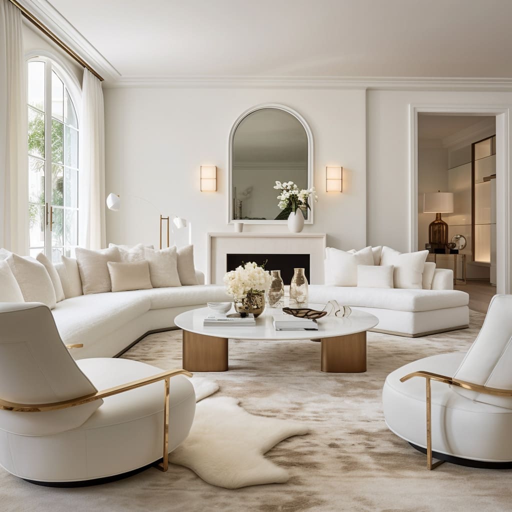 Timeless White Sectional Elegance with Gleaming Gold Details and Arched Window Charm