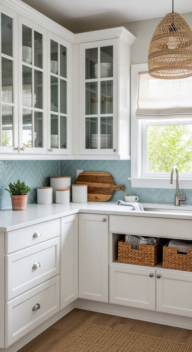 Breezy Coastal Elegance: Glass-Front Cabinets That Expand and Elevate Small Kitchens