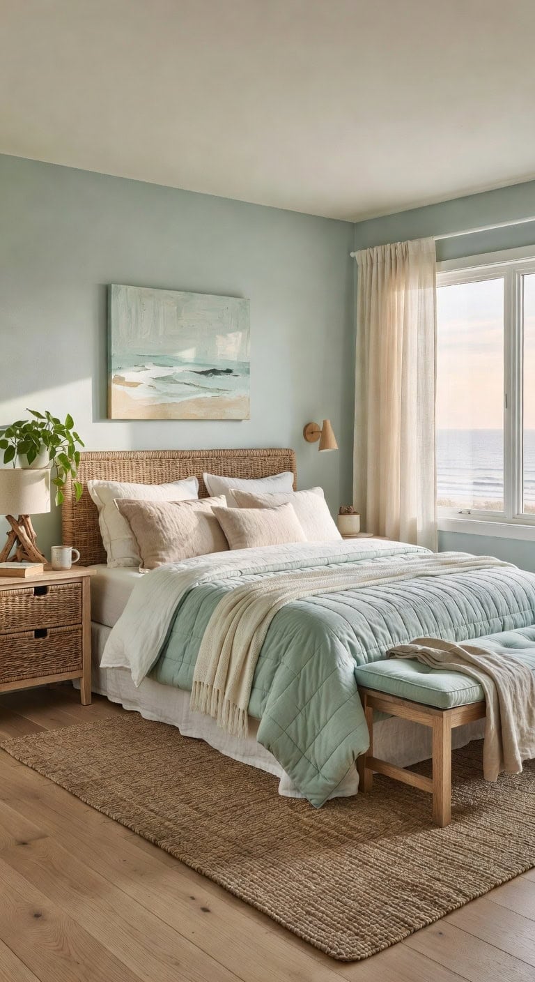 Nautical-Inspired Bedroom Featuring Woven Rattan Headboard and Natural Fiber Rug