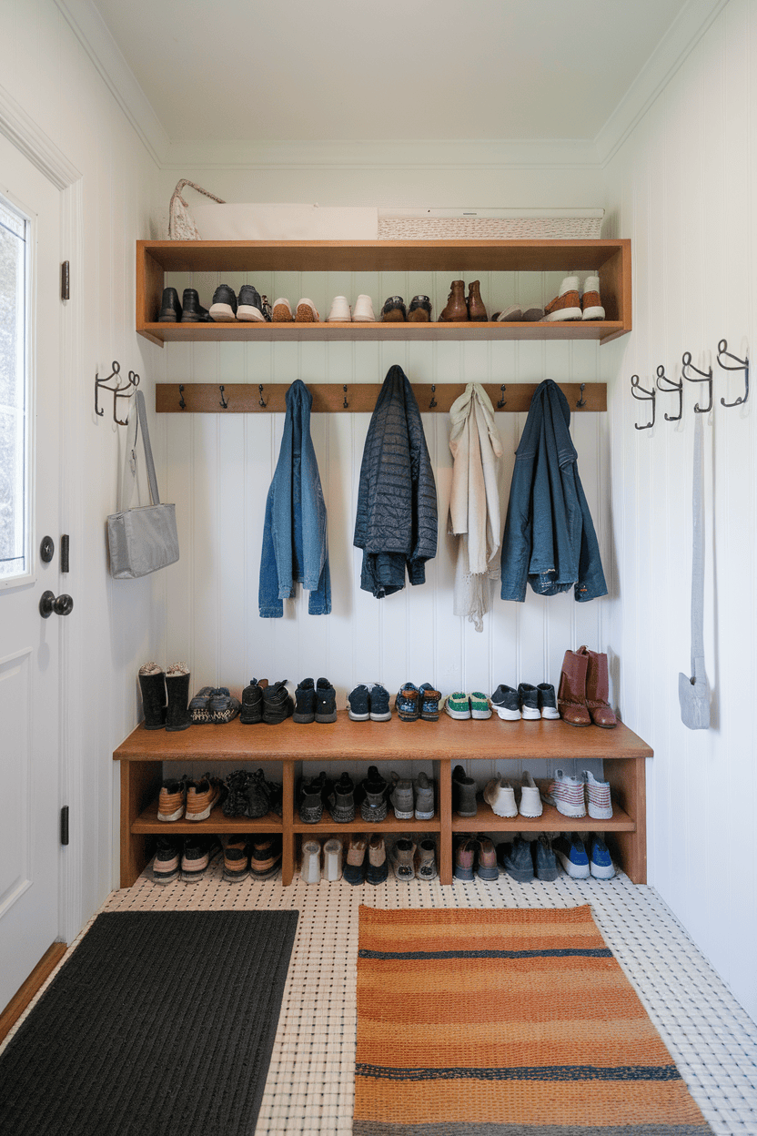 Maximize Mudroom Efficiency with Wall-Mounted Hooks and Shoe Shelves