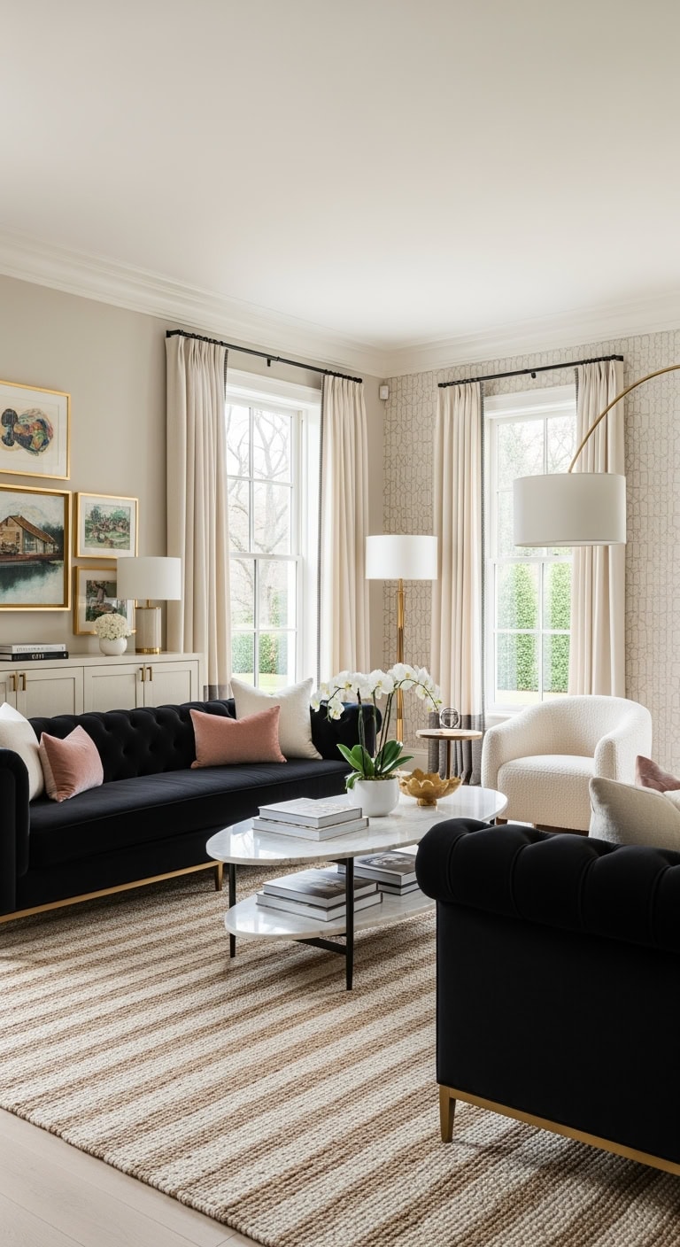 Transitional Charm: Luxe Black Velvet Sofas Meet Creamy Textured Walls