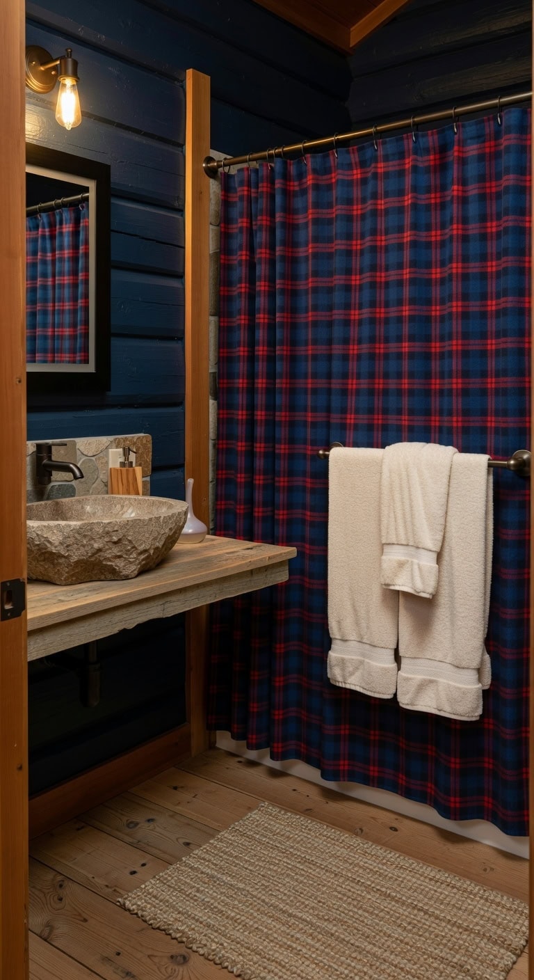 Rustic Retreat Featuring Plaid Shower Drapes, Cedar Accents, and Cozy Fleece Linens