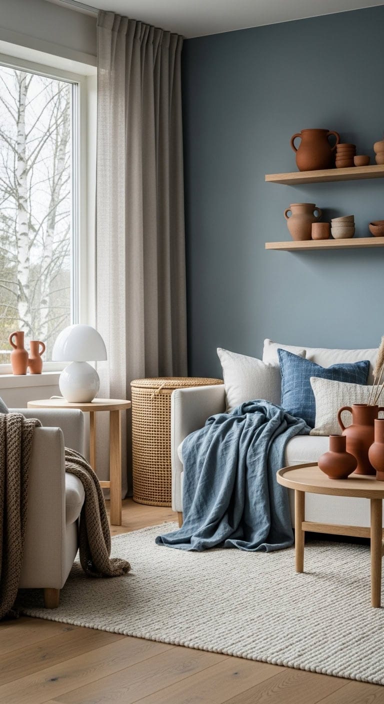 Serene Blue Fabrics and Earthy Clay Accents