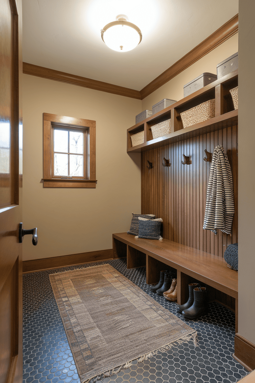 Harmonizing Penny Tiles with Rustic Wood Accents