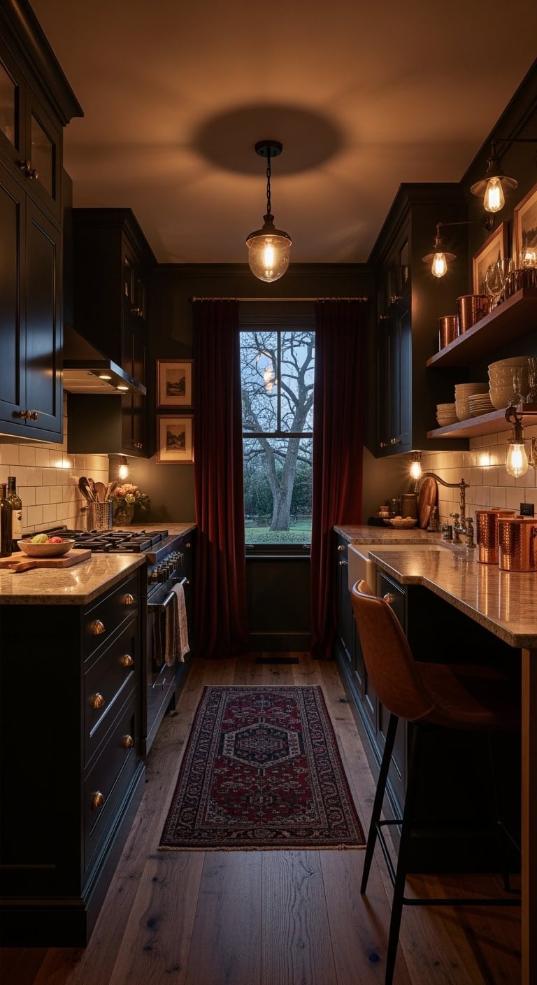 Sophisticated Charm: Elevating Compact Dark Kitchens with Luxurious Espresso Finishes and Warm Ambient Lighting