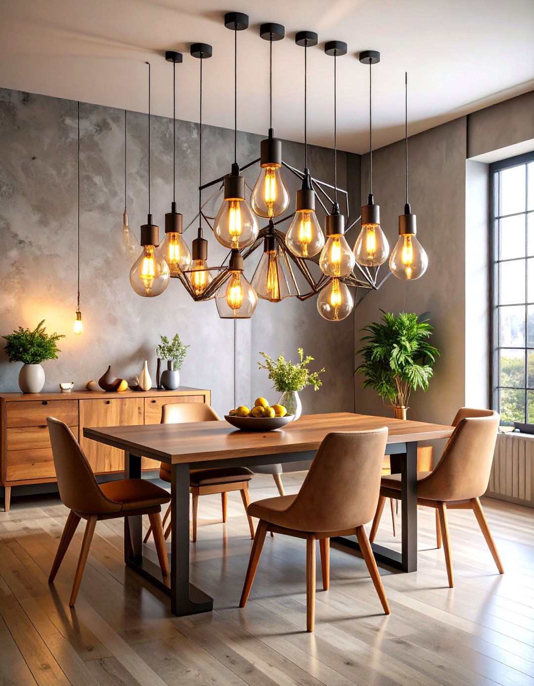 Modern Industrial Dining Space Featuring an Edison Bulb Chandelier