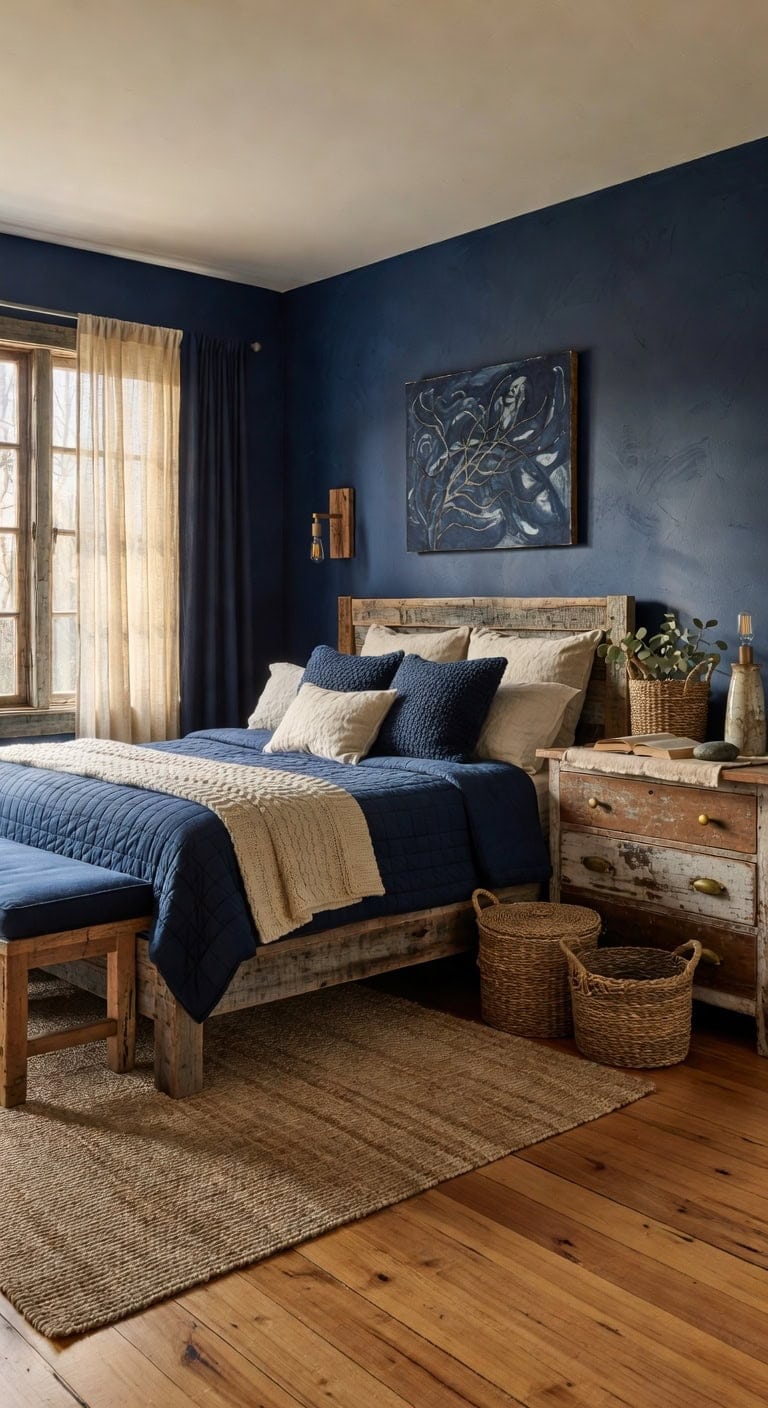 Country-Inspired Navy Bedroom Featuring Salvaged Wood Chest and Handwoven Basket Organizers