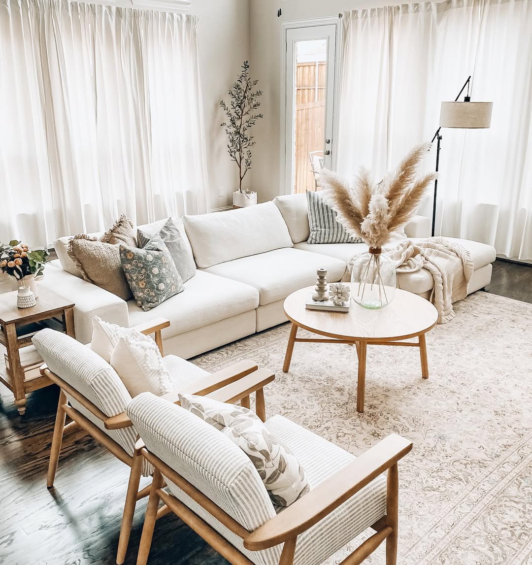 Airy Boho Elegance with White Sectional and Earthy Accents