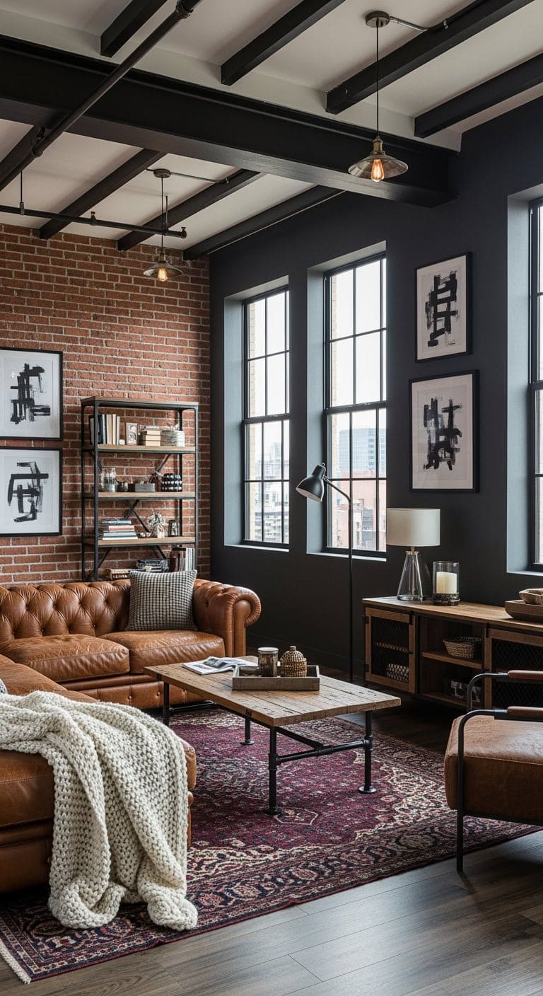 Industrial Chic Living: Embrace Exposed Brick, Black Metal, and Luxe Leather