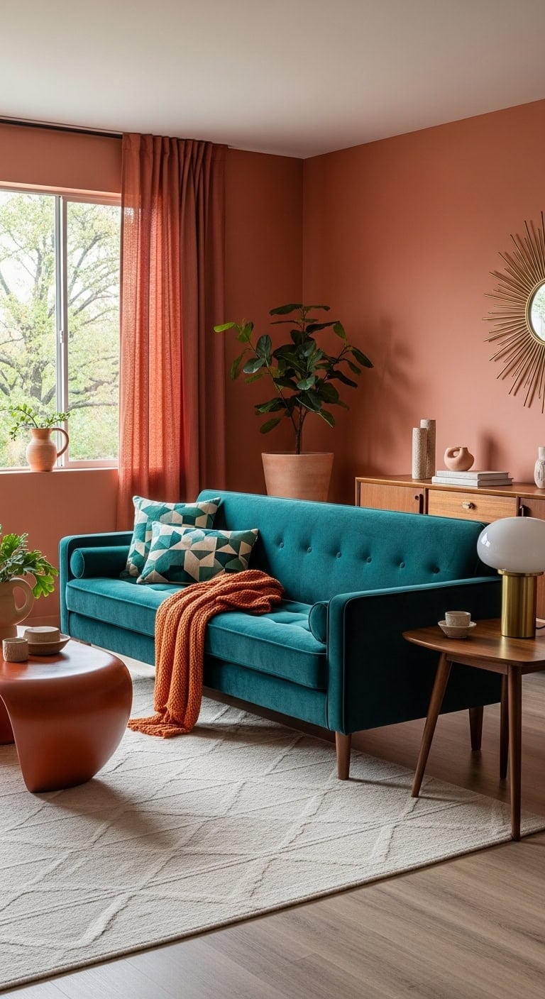 Retro Chic with Teal Sofas and Earthy Terracotta Accents