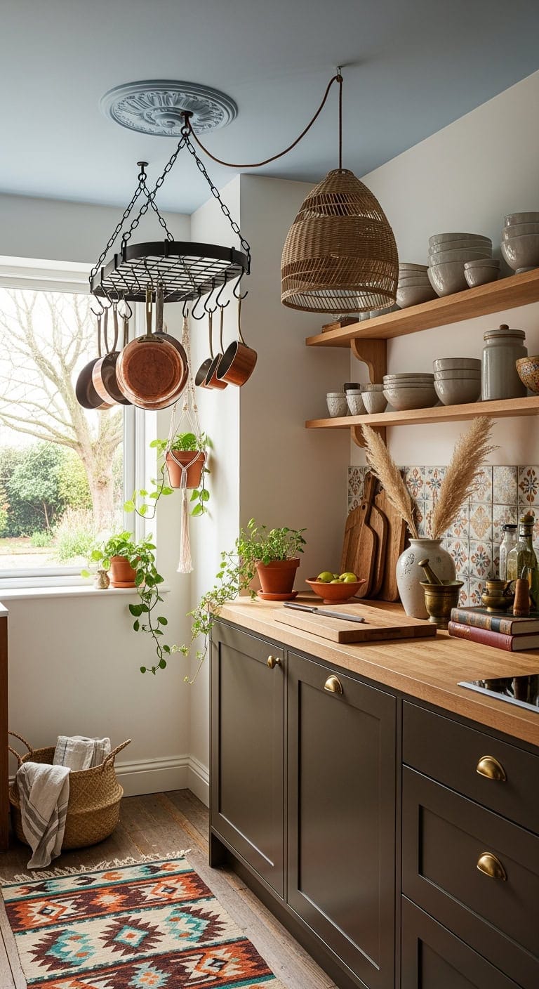 Charming Boho Vibes: Budget-Friendly Mini Hanging Pot Racks to Refresh Your Kitchen Ceiling