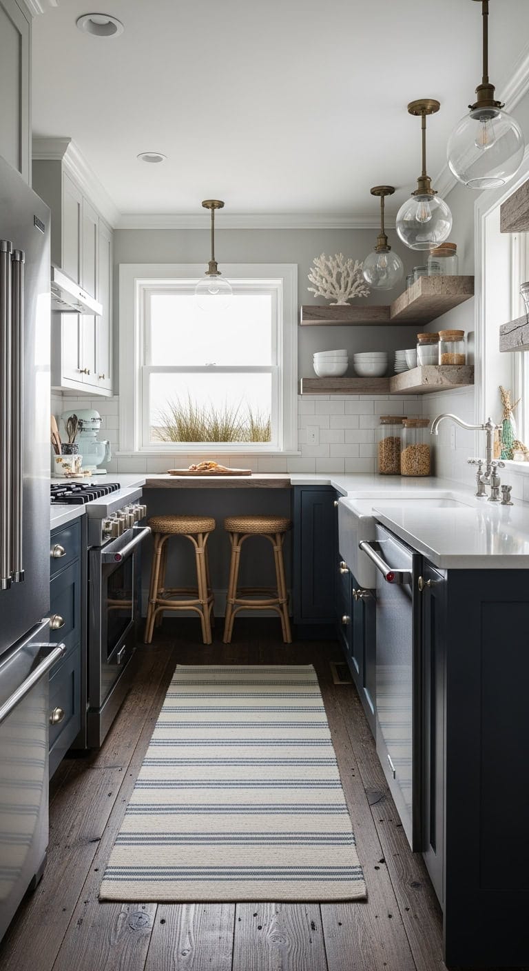 Elegant Coastal Retreat: Transforming Compact Dim Kitchens with Stormy Blue Hues and Rustic Accents