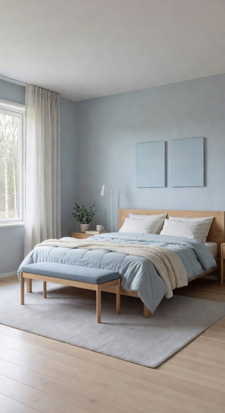 Nordic Navy and Timber Sleeping Space Featuring a Pale-Hued Floor Lamp and Minimalist Linen Drapes