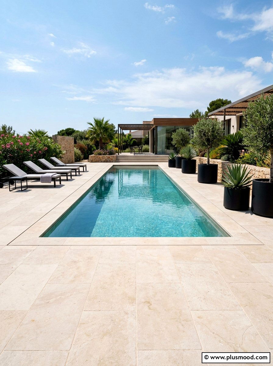 Sleek Limestone Flooring for Compact Pool Areas