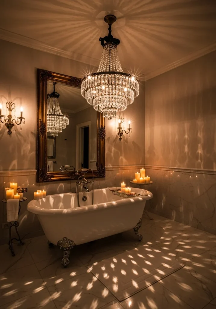 Dramatic Crystal Chandeliers Above Tubs