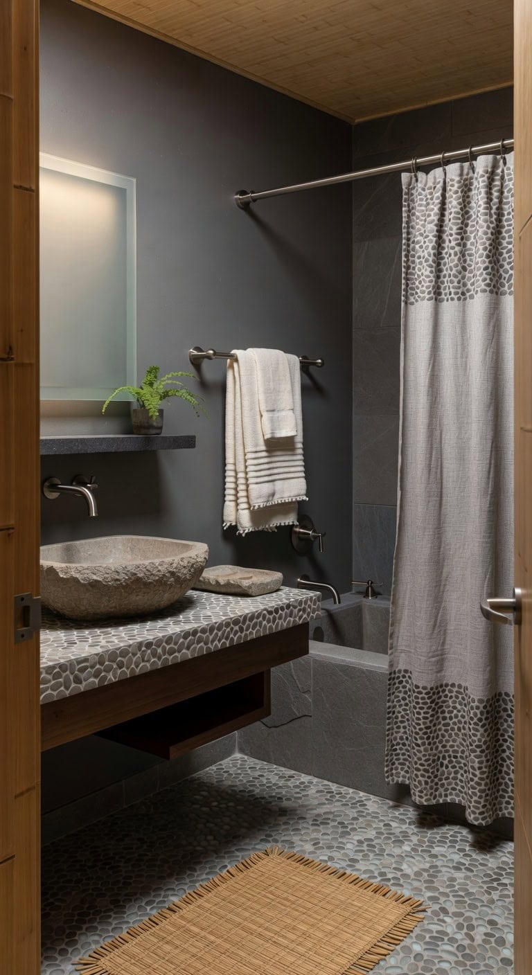 Serene Spa Ambiance with River Stone Countertop, Sculpted Soap Dish, and Bamboo Mat