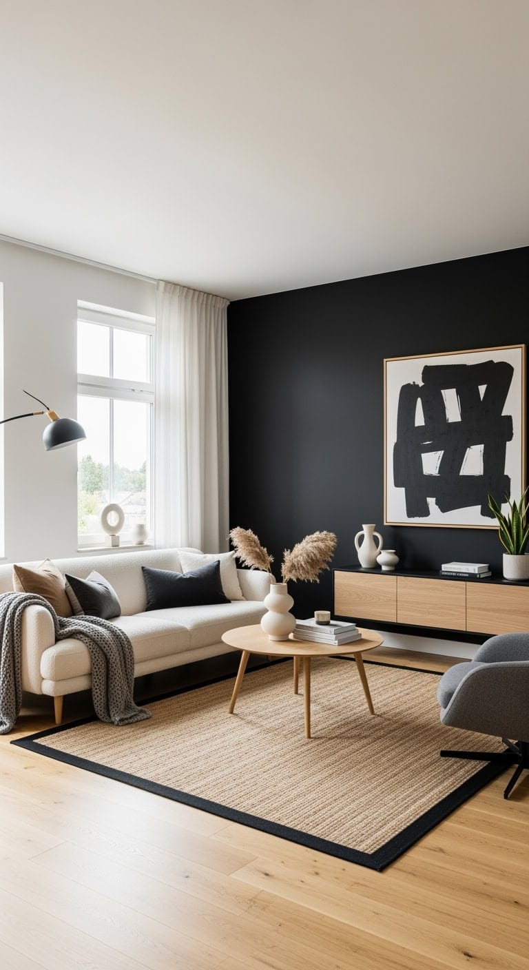 Chic Scandinavian Vibes: Bold Black Wall Paired with Warm Oak and Soft Textures