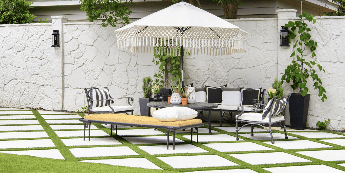 Modern Patio Design with Concrete Pavers and Synthetic Grass