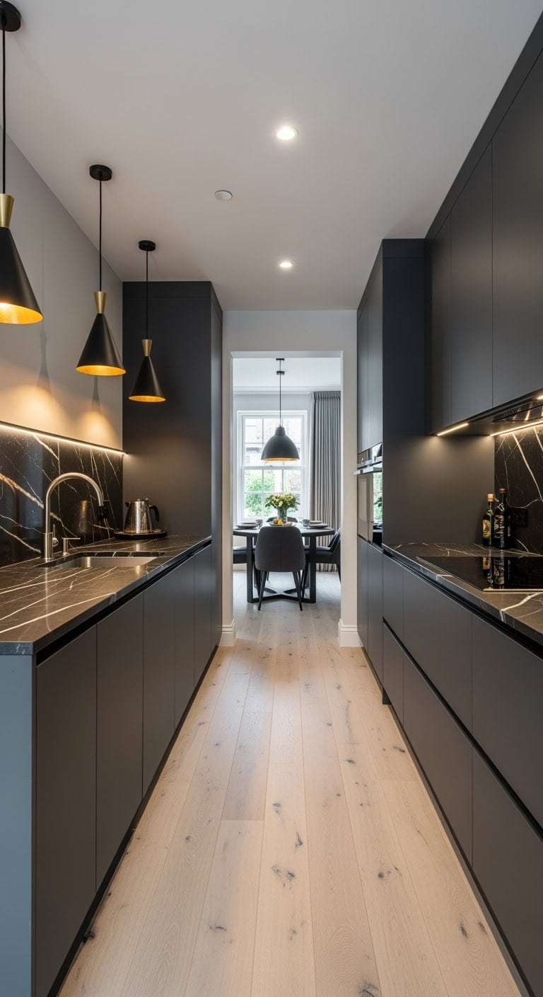 Sleek Urban Elegance: Maximizing Compact Dark Kitchens with Polished Onyx Surfaces and Streamlined Furnishings