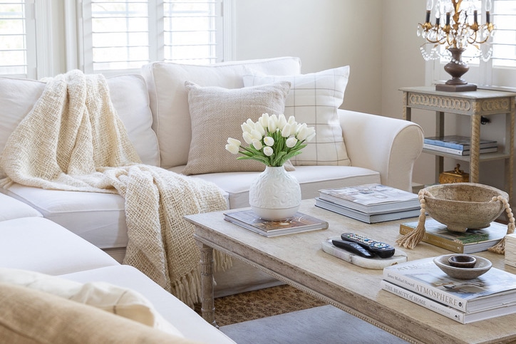 Inviting White Slipcover Sofa Paired with Rustic Wooden Charm