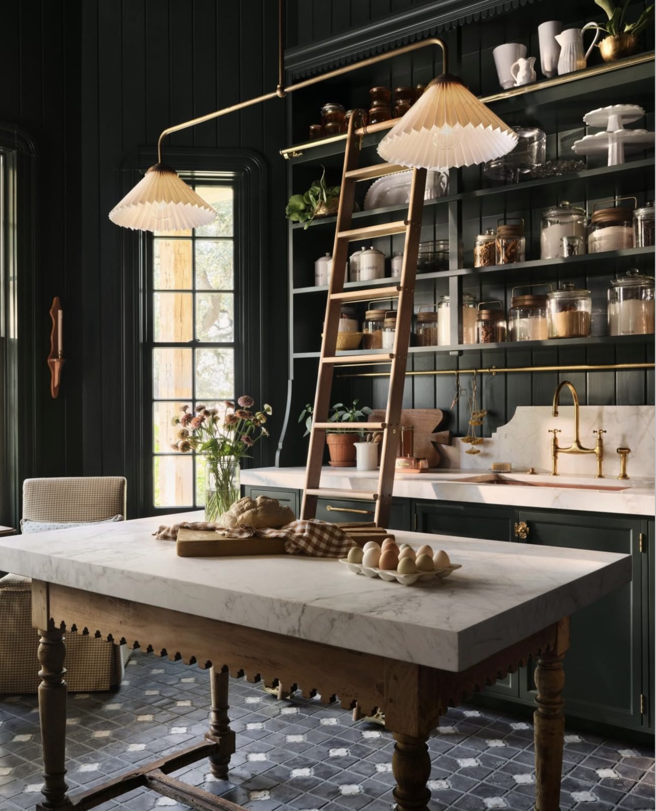 Kitchen Featuring Exposed Shelving and a Sliding Library Ladder