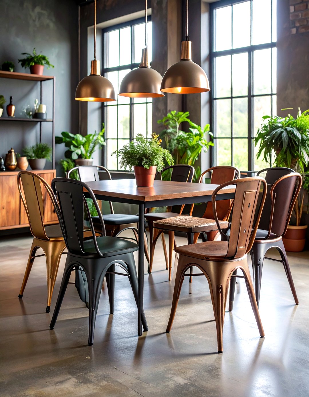 Dining Space Featuring a Blend of Industrial Style and Mixed Metal Chairs