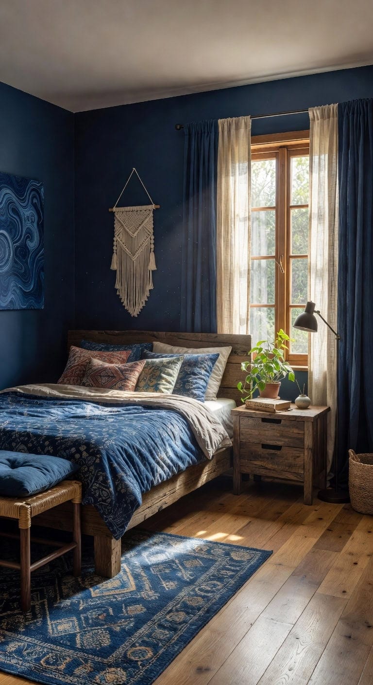 Eclectic Indigo and Timber Bedroom Featuring a Knotted Wall Accent and Decorative Cushions