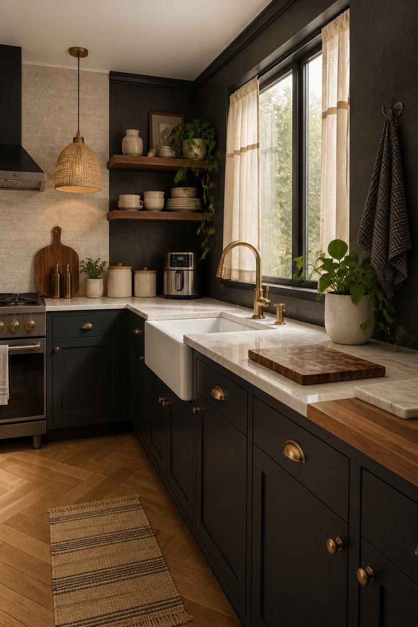 Countertop Choices That Shine Against Deep Charcoal Walls