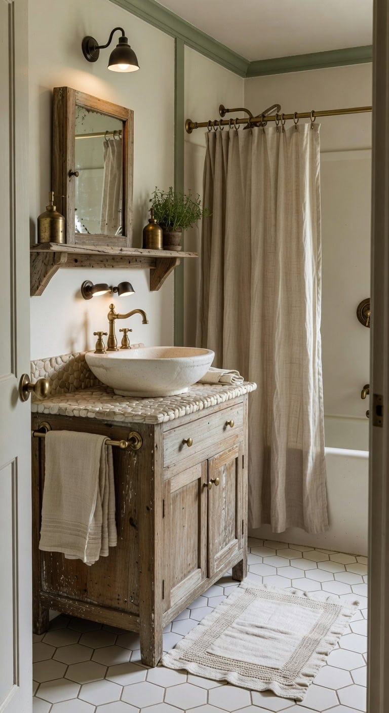 Rustic Charm Featuring a Weathered White Basin, Vintage Brass Fixtures, and Soft Linen Accents