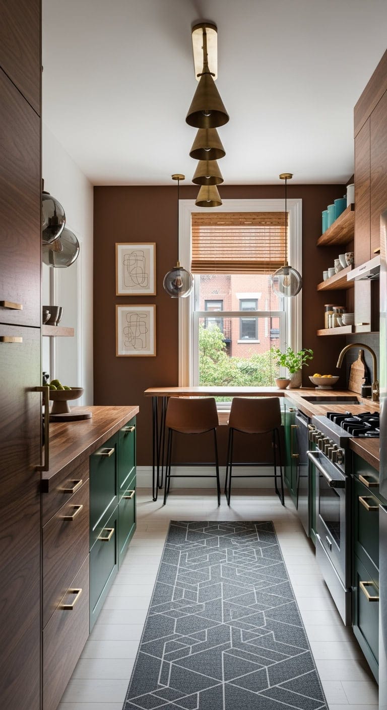 Elevating Compact Dark Kitchens with Walnut Elegance and Dynamic Geometry