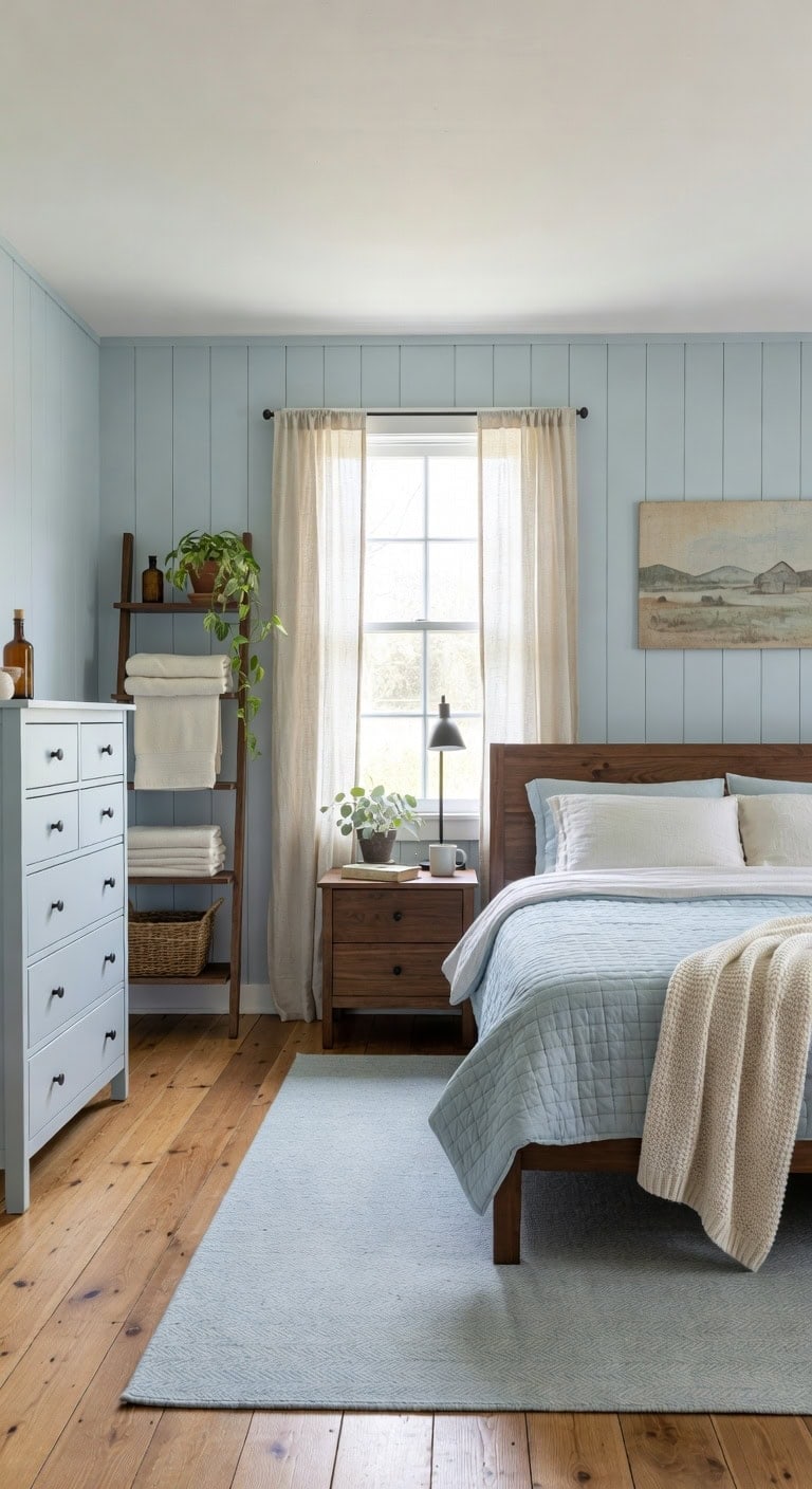 Rustic Blue Bedroom Featuring White Shaker Cabinets and Antique Ladder Shelving