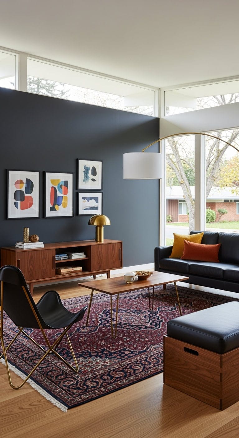 Mid-Century Modern Charm: Walnut Wood Meets Sleek Black Hairpin Legs and Brass Accents