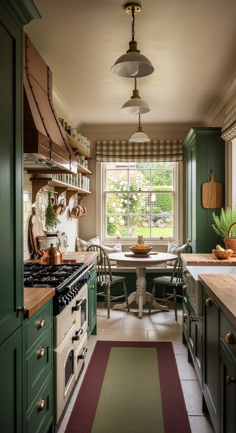 Cozy English Retreat: Transforming Compact Dark Kitchens with Rich Forest Green Cabinets and Charming Dining Corners
