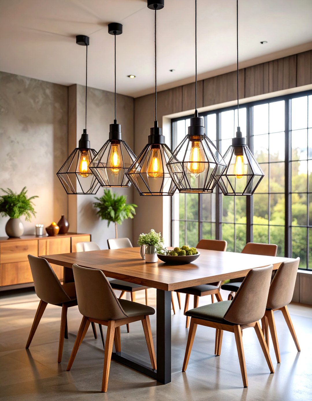 Contemporary Dining Space Featuring Sleek Glass and Metal Pendant Lights