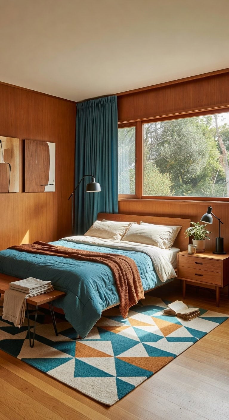 Retro-Inspired Blue and Wood Bedroom Featuring a Teak Nightstand and Patterned Area Rug