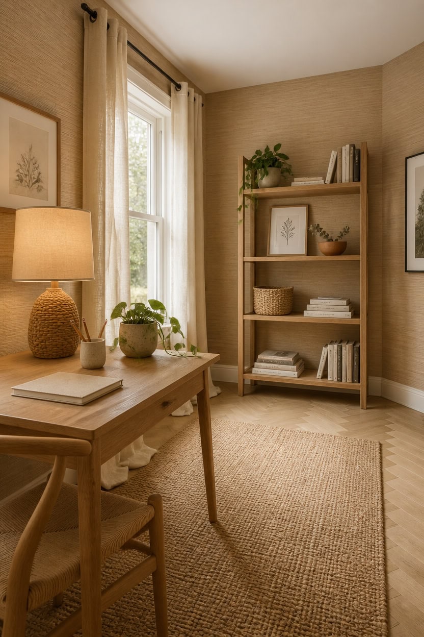 Elegant Textured Wallpapers for a Balanced Home Office Ambiance