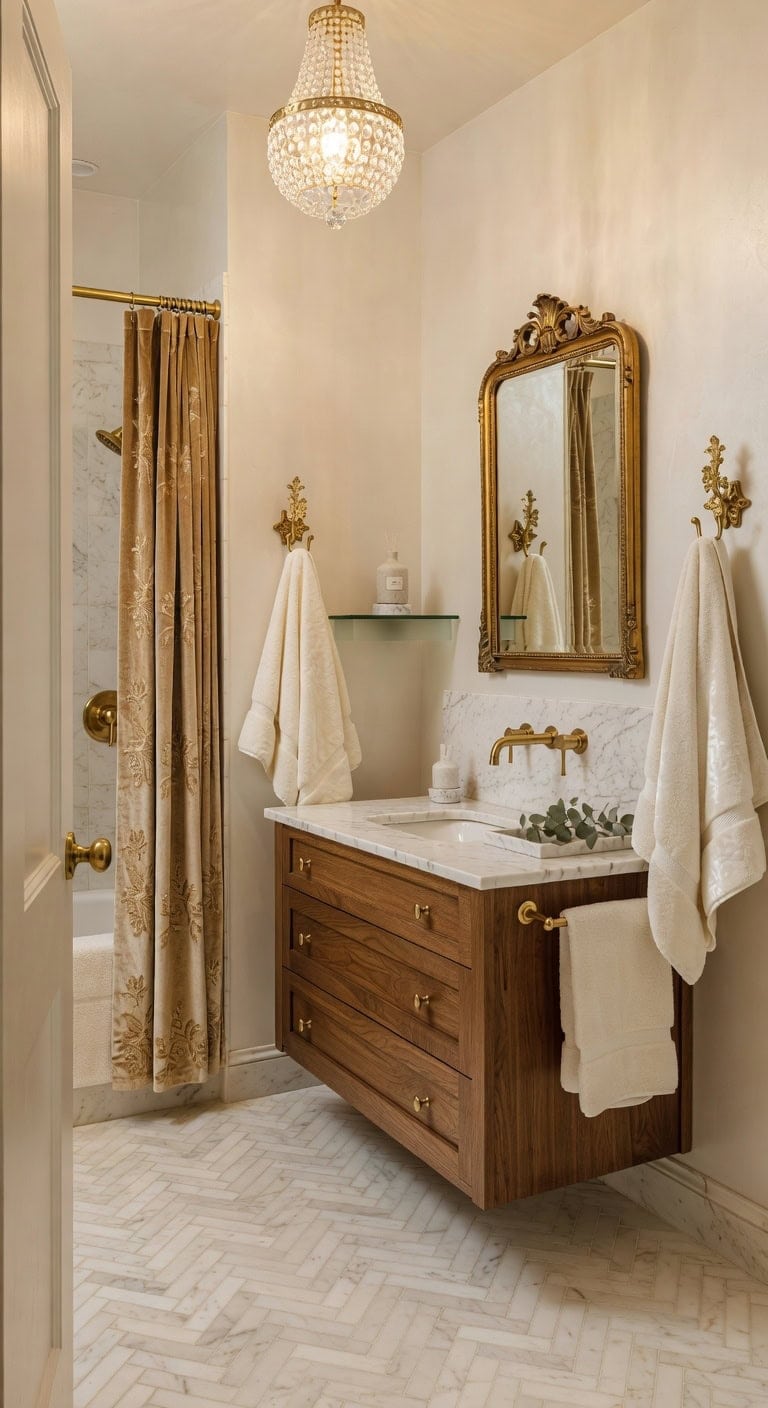 Elegant Rustic Charm with Marble Basin, Gilded Towel Hooks, and Luxe Velvet Linens