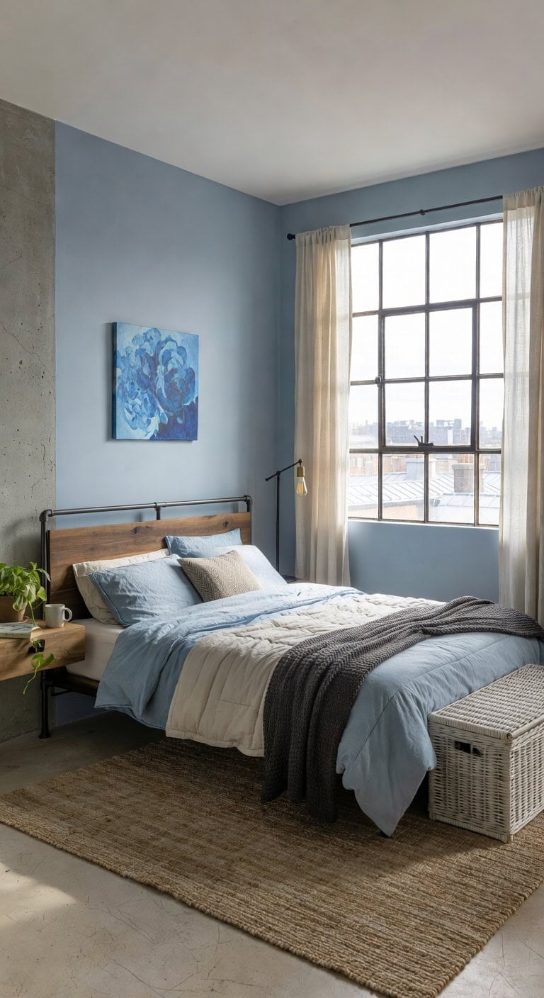 Urban Navy and Timber Sleeping Space Featuring a Steel Tubular Bed and Textured Cement Wall