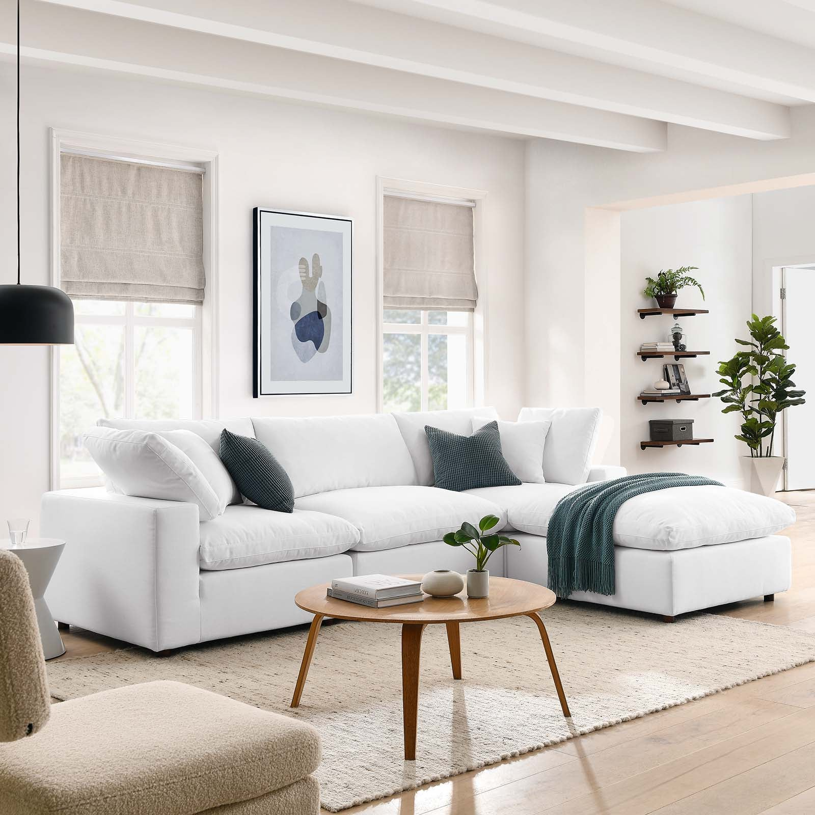 Crisp White Sectional Meets Forest Green and Warm Wood Accents